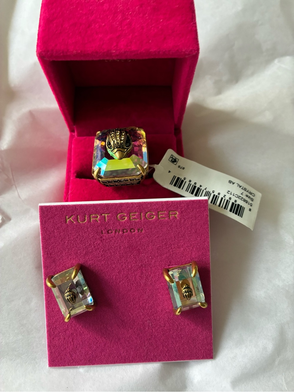 Kurt Geiger Gold-Tone Ring and Stud Earrings with Aurora Crystal, size 7 - Picture 5 of 10